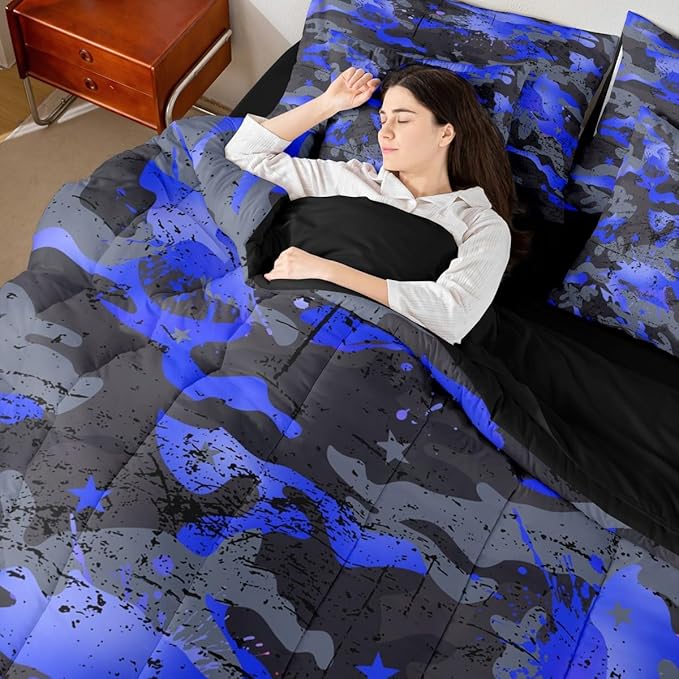 Erosebridal Stars King Comforter Set Graffiti 7-Piece Bed in A Bag Ink Splash Camouflage Watercolor Sheets and Pillowcases Grey Blue Bed Sets