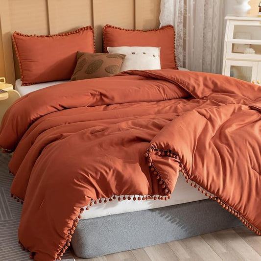 YIRDDEO King Size Comforter Set - King Size Comforter with Ball Pom Fringe, Soft King Bedding Set for All Seasons - 3 Pieces, 1 Comforter (104"x90"inches) & 2 Pillow Shams(20"x36"), Terracotta