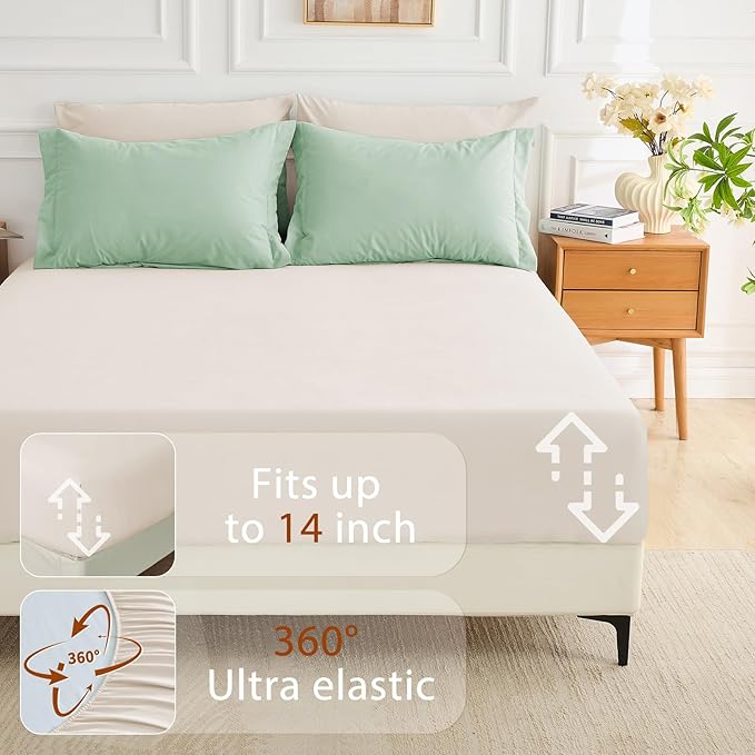MUXHOMO 7 Pieces King Comforter Set, Soft Bed in a Bag King Size, All Season Bedding Set with Comforter, Flat Sheet, Fitted Sheet, Pillowcases & Shams, Sage Green & Beige