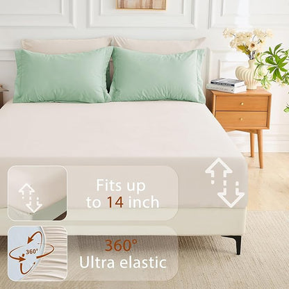 MUXHOMO 7 Pieces King Comforter Set, Soft Bed in a Bag King Size, All Season Bedding Set with Comforter, Flat Sheet, Fitted Sheet, Pillowcases & Shams, Sage Green & Beige