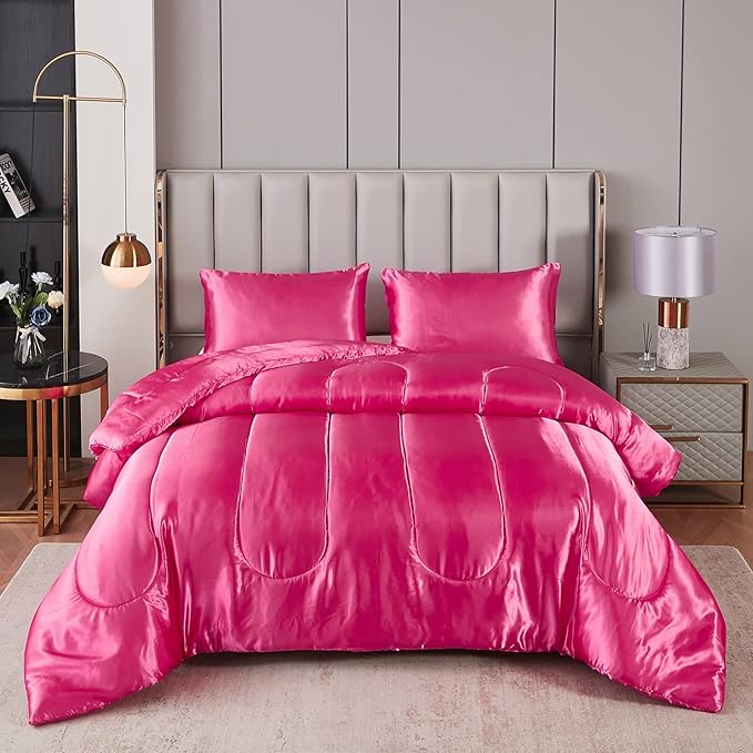 Satin King Comforter Sets Silk Like Hot Pink Comforter Alternative Down Comforter Soft Polyester Filling Luxury Silky Bedding Comforter Set 1 Comforter 2 Pillowcases (King, Hot Pink)