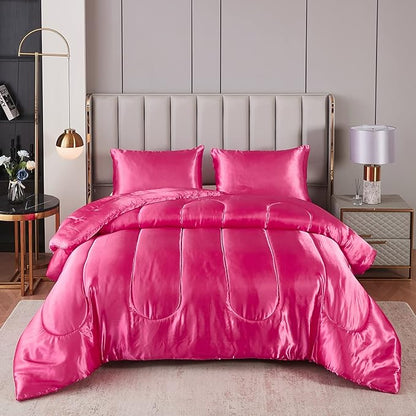 Satin King Comforter Sets Silk Like Hot Pink Comforter Alternative Down Comforter Soft Polyester Filling Luxury Silky Bedding Comforter Set 1 Comforter 2 Pillowcases (King, Hot Pink)