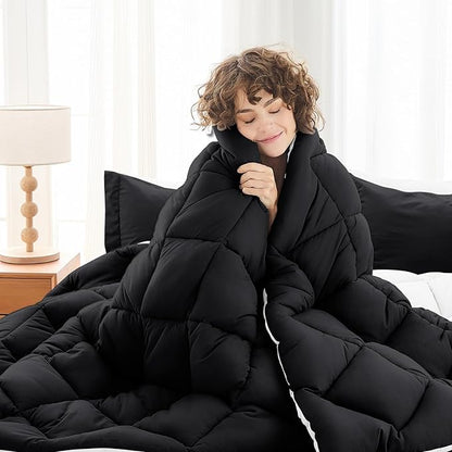 MUXHOMO 7 Pieces Full Comforter Set, Reversible Bed in a Bag Full Size, All Season Bedding Set with Comforter, Flat Sheet, Fitted Sheet, Pillowcases & Shams, Black & White