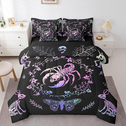 Scorpion Skull 7 Pieces Comforter Set,Bohemian Flowers Leaves Bedding Set Full Size for Room Decor,Butterfly Animals Skeleton Comforter for Boys Girls Super Soft Fade Resistant Microfiber Bedding