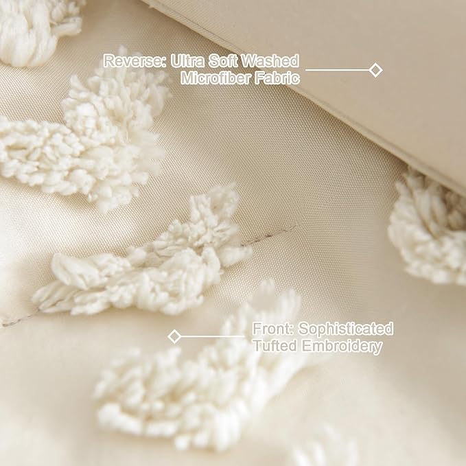 Boho Tufted Comforter Set Queen Size Beige Geometric Tufted Bedding Set 3 Pieces Farmhouse Shabby Chic Embroidery Comforter Soft Jacquard Bed Set for All Seasons with 2 Pillowshams