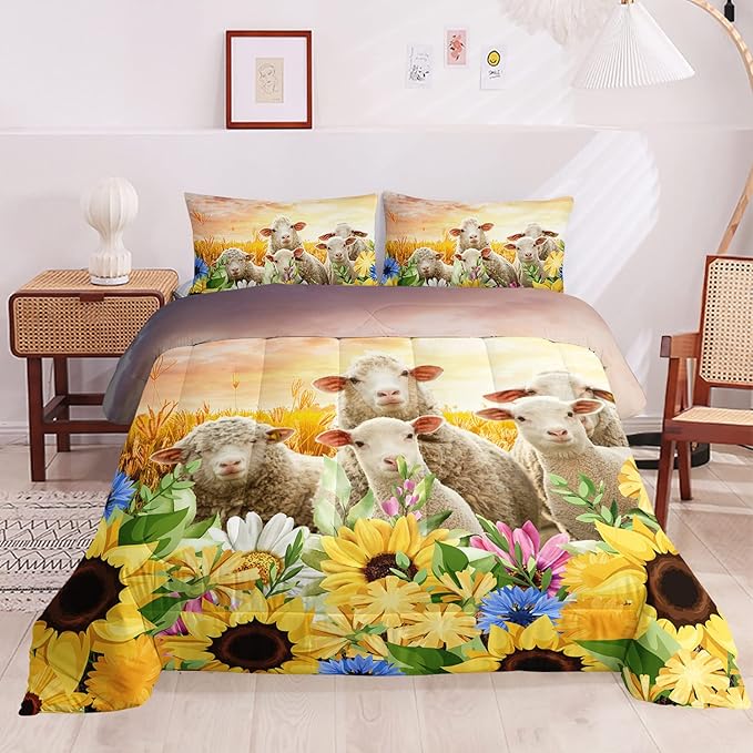 HOSIMA Farm Animal Themed Bedding Set,Yellow Sunflower Floral Comforter Twin Size for Girls Kids Women Bedroom Decor,Cute Sheep Bedding Set Twin Size,Bed Set for Girls with 2 Pillowcases.