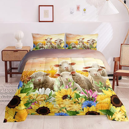 HOSIMA Farm Animal Themed Bedding Set,Yellow Sunflower Floral Comforter Twin Size for Girls Kids Women Bedroom Decor,Cute Sheep Bedding Set Twin Size,Bed Set for Girls with 2 Pillowcases.