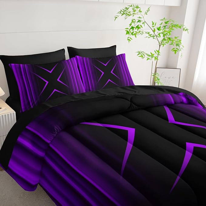 Purple and Black Geometric Comforter Set Full Size 7Pieces,3D Abstract Mordern Printed Bedding Set for Adults,Geometric Mordern Decor All Seasons with Pillowcases,Flat, Fitted Sheet