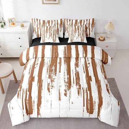 Erosebridal 7Pcs Brown and White Geometric Comforter Set Full,Modern Abstract Striped Bedding with Bed Sheets,Boho Graffiti Watercolor Quilt Set for Women Men,Contemporary Aesthetic Art Bed in A Bag