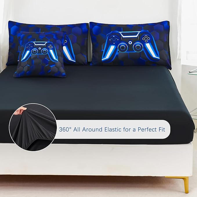 URBONUR Full Size Comforter Sets for Boys Blue Gaming Bed in a Bag 6 Pieces Kids Teen Girls 3D Game Themed Console Printed Room Decor Soft Lightweight Bedding Set