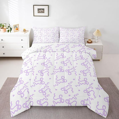 Purple Bow Knot Comforter Set King Size,Cute Love Heart Print Bedding Sets 3Pcs for Kids Girls Women Room Decor,Bowknot Butterfly Tie Quilted Duvet Lovely Vivid Down Comforter,2 Pillowcases