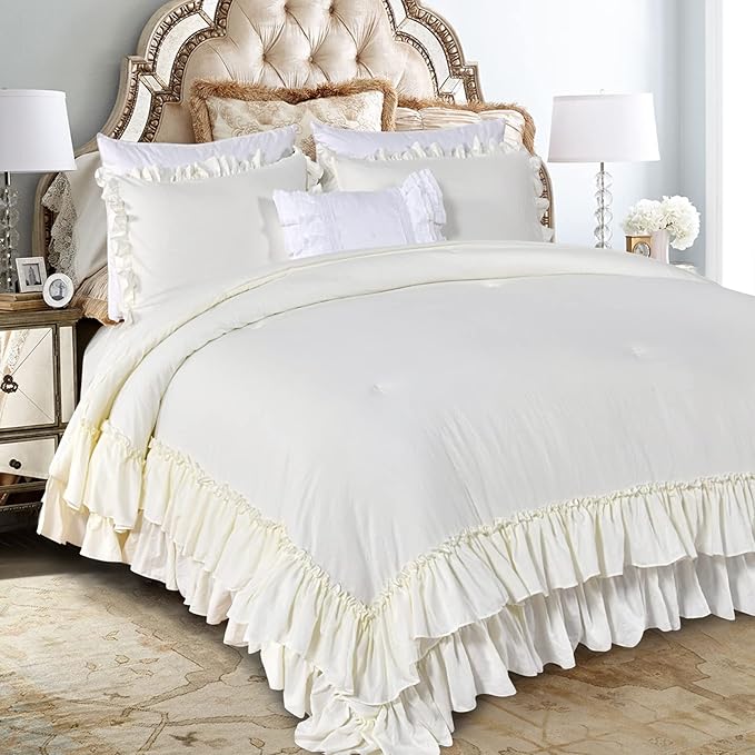 Masaca Ivory Ruffled Comforters Queen Size,Farmhouse Shabby Boho Chic Comforter Set,French Country Microfiber Inner Fill Ivory Bedding 3PCS(1 Ruffle Comforter and 2 Pillowcases)
