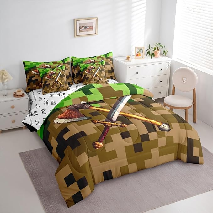 Castle Fairy Axe Sword Comforter Sets - 7 Pieces Full Size,Camouflage Blocks All Season Reversible Bed in a Bag Miner Theme Bedding Set Pixel Style Flat Sheet,Fitted Sheet,Pillowcases