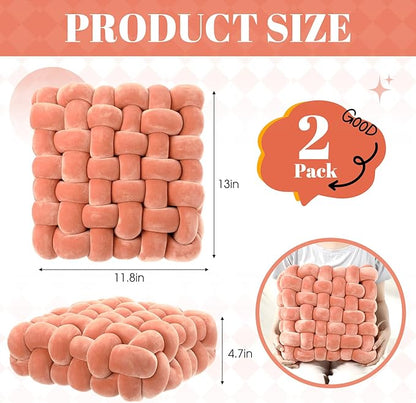 Wenqik 2 Pcs Knot Pillows Square Knotted Plush Throws Soft Accent Pillows Decoration Cushion for Couch Home Office Living Room Bedroom Bed Sofa Decor, 12'' x 13''(Coral Red,Crystal Velvet)