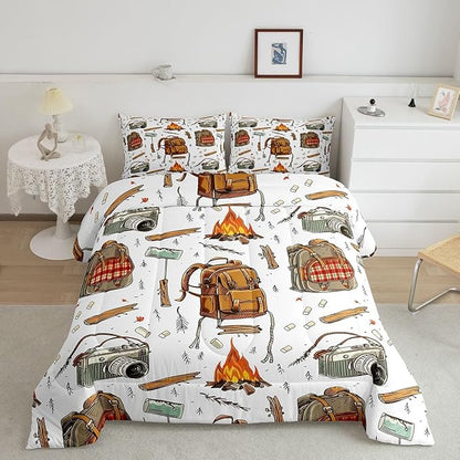 Feelyou Camping Comforter Set Twin Size Camper Comforter Accessories for Travel Trailers Bedding Set Camping Backpack Print Duvet Set Room Decor Jade White Quilt Set
