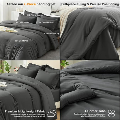 King Size Comforter Set 7 Pieces - Soft Bed in a Bag King Bed Set, Cozy Luxury Bedding Sets with All Season Comforter, Flat Sheet, Fitted Sheet, 2 Pillowcases & 2 Shams, Dark Gray