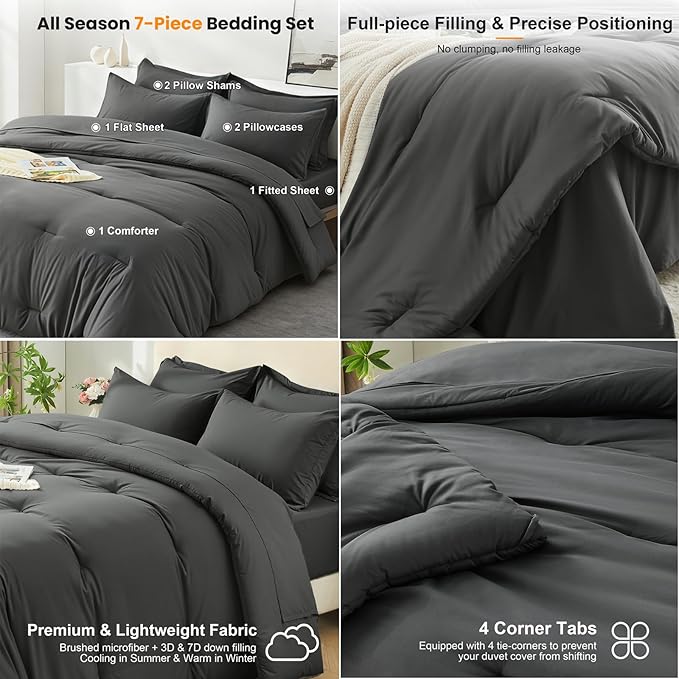 Queen Comforter Set 7 Piece - Soft Bed in a Bag Queen Size Comforter Sets, Cozy Bedding Sets with Down Alternative Comforter, Flat Sheet, Fitted Sheet, 2 Pillowcases & 2 Shams, Dark Gray