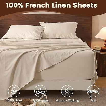 100% Linen Sheet Set Cal King Size Extra Deep Pocket Fits 18-24 Inch Mattress, Breathable & Soft, Smooth 4-Piece Set for Thick Mattresses Hotel Luxury Bedding（Cal King, Linen）