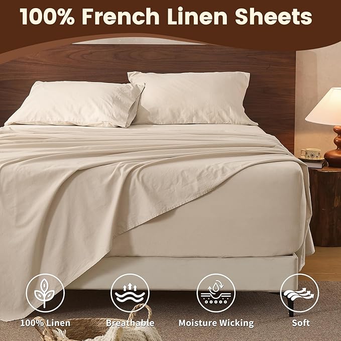 100% Linen Sheet Set King Size Extra Deep Pocket Fits 18-24 Inch Mattress, Breathable & Soft, Smooth 6-Piece Set for Thick Mattresses Hotel Luxury Bedding（King, Linen）