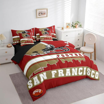 Erosebridal Football 7 Pcs Comforter Set Queen Football Fans Bedding for Men Footballs City Sheet Set Bed in A Bag Red Rugby Competition Room Decor Sports Ball Game Quilt