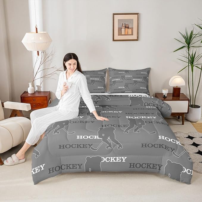 Manfei Hockey Players Girls Bedding Set Twin Size, Comforter Set,Ball Activity Game Quilt Comforter Girls Boys Teens,Gray Room Decor All Season,1 Pillowcase
