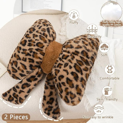 2Pcs Leopard Print Bow Throw Pillow Furry Bow Plush Pillows Cute Flower Plush Pillow Cheetah Home Decor Stuffed Bow Lumbar Pillow for Bed Couch Living Room Decor (Brown, 16in Bowknot)