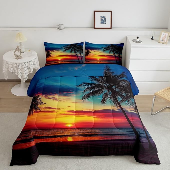 Erosebridal Palm Leaf Comforter Set Queen Size, Ocean Beach Down Comforter, Nature Theme Duvet Set, Sunset Bedding Set for Bedroom Decorative, Hawaiian Quilted Duvet, Soft Bedding Collection