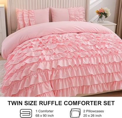 Holawakaka Pink Waterfall Ruffle Comforter Set Twin Size Multi-Layers Ruffled Shabby Chic 3PCS Bedding Set for Girls Women
