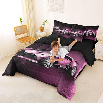 Feelyou Sports Car 7 Piece Bedding Set Pink Race Car Comforter Set with Sheets Kids Boys Girls Extreme Sports Theme Bed in a Bag Cool Speed Luxury Car Decor Bed Set with 2 Pillowcases Full Size