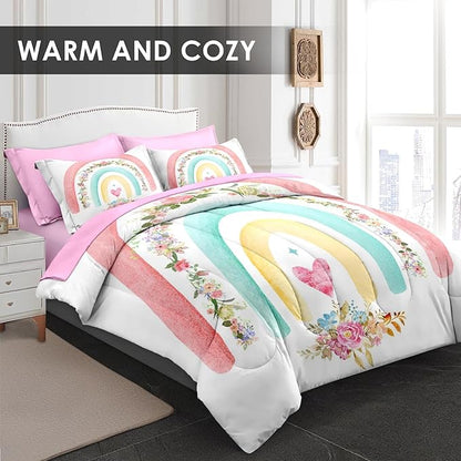 Comforter Set Full Size, Cute Heart Pink Rose 7 Pcs Bedding for Kids and Adults, Rainbow Leaves Vintage Bed Sheet Sets with Fitted Sheet 2 Pillowcases & 2 Shams for Bedroom Bed Decor