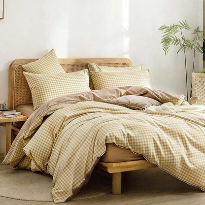 ETDIFFE King Size Brown Comforter Set, 3 Piece Tan Gingham Grid Bed Set - Soft and Lightweight Buffalo Checkered Plaid Microfiber Down Alternative Comforter (90x104)