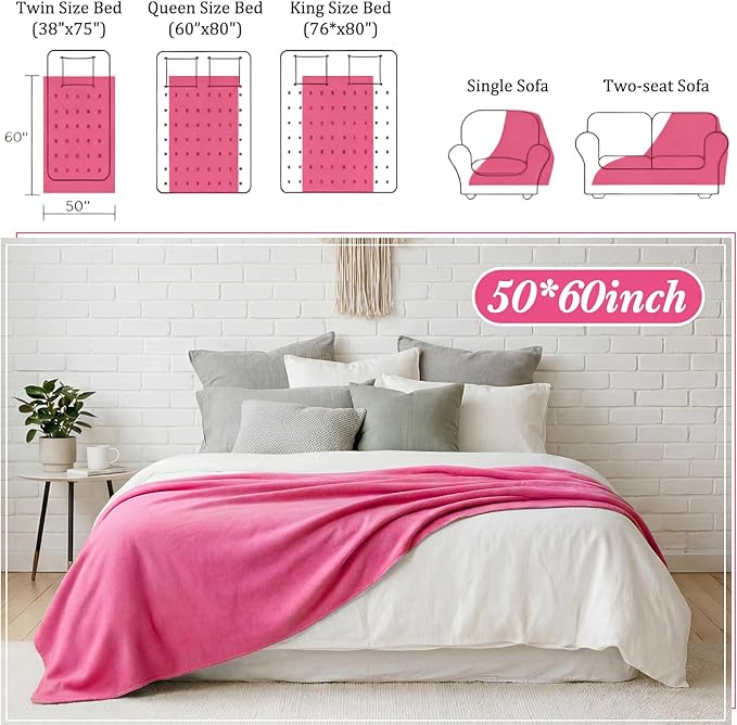 Kinlop Fleece Blanket Bulk 60 x 50 Inch Soft Lightweight Fleece Cozy Blanket Warm Throw Plush Pet Throw for Bed Couch Sofa Home Office Wedding Gifts Travel Camping(Azalea Pink)