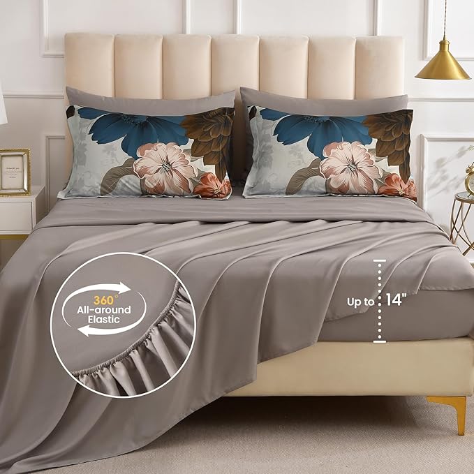 WONGS BEDDING Floral Comforter Set Queen Size, 7 Pieces Bed in a Bag Bedding Set, Grey and Blue Flower Comforter Soft Microfiber for All Season with Pillowcases & Shams,Sheets(90"×90")