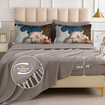 WONGS BEDDING Floral Comforter Set Queen Size, 7 Pieces Bed in a Bag Bedding Set, Grey and Blue Flower Comforter Soft Microfiber for All Season with Pillowcases & Shams,Sheets(90"×90")