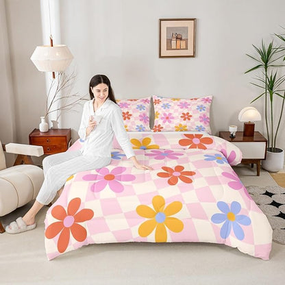 Erosebridal Cute Flower Toddler Bedding Set Kawaii Cartoon Floral Comforter Set for Kids Girls Teen Room Decor,Pink Girly Comforter Watercolor Flowers Geometric Plaid Grids Bed Set