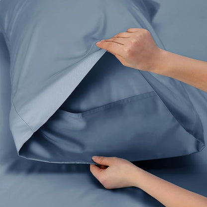 Bedsure King Size Sheets Set, Cooling Sheets for Hot Sleepers, Rayon Derived from Bamboo, Breathable & Soft, Deep Pocket Up to 16 Inches, Hotel Luxury Silky Bedding, Dusty Blue