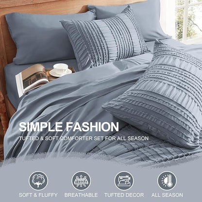 Blue Tufted Comforter Set King Size 7 Piece Bed in a Bag，Shabby Chic Boho Bedding for Bedroom Comforter，All Season Soft Microfiber Ruffle Comforter Set with Pillow and Sheets