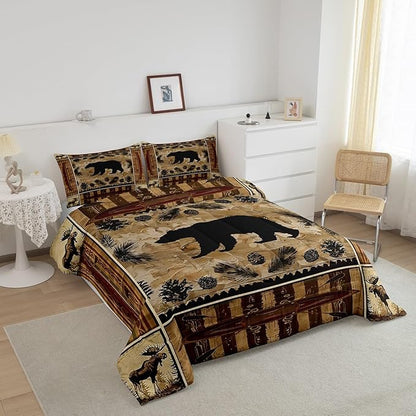 Feelyou Black Bear Comforter Set King Western Rustic Cabin Decor Bedding Tribal Forest Animals Comforter Elk Wildlife Hunting Down Bear Deer Patchwork Quilt Set Nordic Bedroom Decor