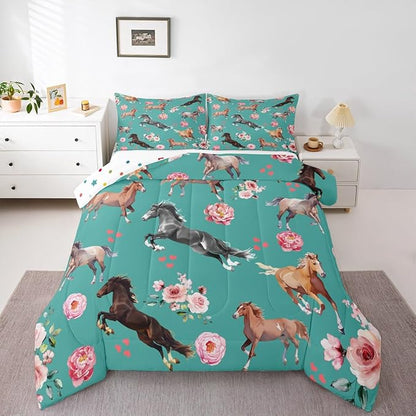 Horse Comforter Set Twin Size Farm Western Cowboy Cowgirls Bedding Set for Kids Boys Girls Teens Rose Floral Quilt Set Cute Lover Heart Decor Kawaii Horse Down Comforter with 1 Pillowcase Warm