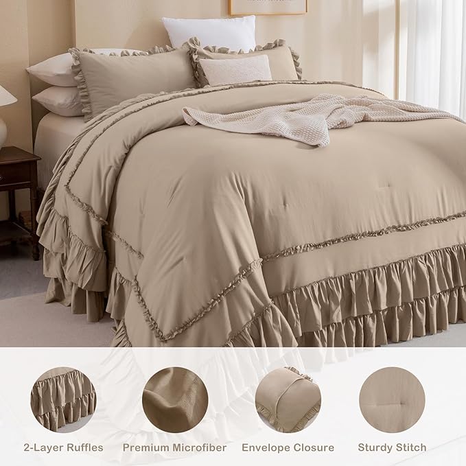 Masaca Oversized King Comforter 120x120,3 Pieces Farmhouse Ruffle Bedding Comforter,Light Taupe Shabby Boho Chic Oversized Comforter King Size,Lightweight Soft Microfiber Cal King Bedding Set