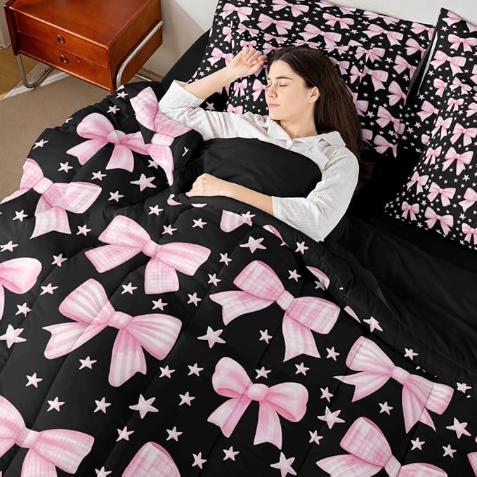Erosebridal Kawaii Cute Black Pink Girls Bowknot Full Comforter Set 7 Pieces | Bow Kids Bed in A Bag for Bedroom Y2K Starry Bedding Set with Comforters Princess Room Decor