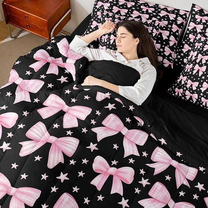Erosebridal Kawaii Cute Black Pink Girls Bowknot 7 Piece Bedding Set Twin | Bow Kids Comforter Set with Sheets Y2K Starry Bed in A Bag Princess Bed Sets
