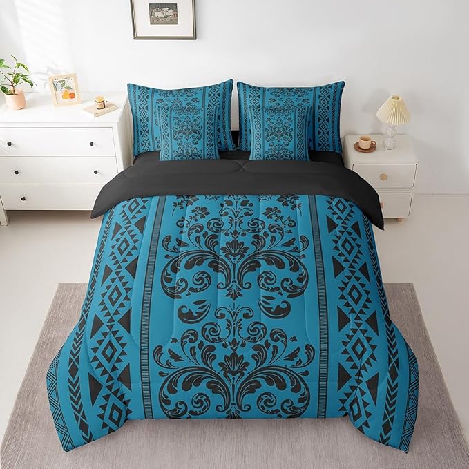 Comforter Set Twin Size, Steel Blue Aztec Damask 7 Pcs Bedding for Kids and Adults, Victorian Decor Western Baroque Goth Bed Sheet Sets with Fitted Sheet 2 Pillowcases & 2 Shams for Bedroom Bed Decor