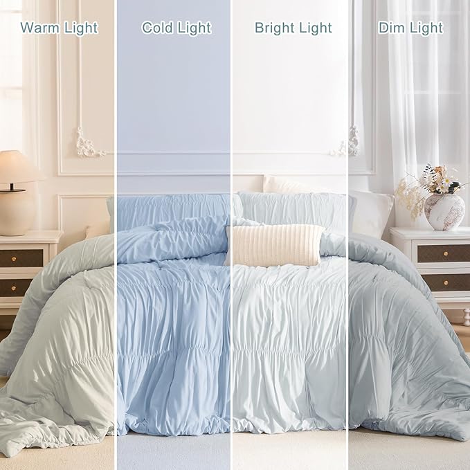 Masaca Oversized King Comforter(120"x98"),Light Blue Ruched Ruffle Bedding Comforter Set,3 Pieces Lightweight California King Farmhouse Shabby Boho Chic French Country Bedding Set for All Season