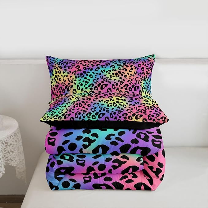 Erosebridal Rainbow Leopard Comforter for Kids Boys Girls,Colorful Cheetah Print Toddler Bedding Set,Animal Skin Texture Duvet Insert,Blue Green Pink Purple Yellow Quilt Bedroom Decor