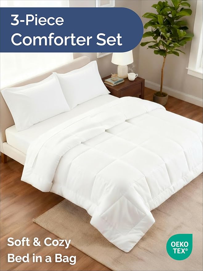 King Comforter Set - 3 Piece Bed Set for All Seasons - 1 Soft Quilted Comforter with Corner Tabs & 2 Pillow Shams - Comfy, Cozy & Breathable - Premium Down Duvet Insert - Oeko-TEX - King Size, White