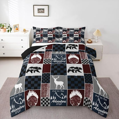Rustic Bear Bedding Comforter Sets, Farm Country Vintage Comforter Set Hunting Cabin Wooden Lodge Bedding Forest Wildlife Plaid Patchwork Quilt With 2 Pillow Cases, Red Gray Black, Queen Size