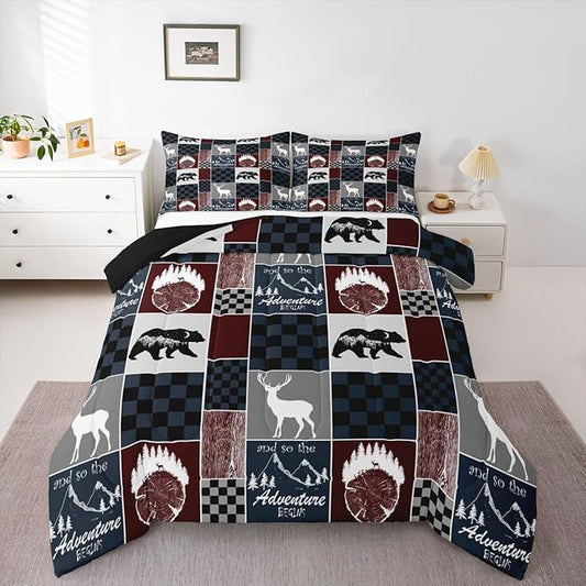 Rustic Bear Bedding Comforter Sets, Farm Country Vintage Comforter Set Hunting Cabin Wooden Lodge Bedding Forest Wildlife Plaid Patchwork Quilt With 2 Pillow Cases, Red Gray Black, Queen Size