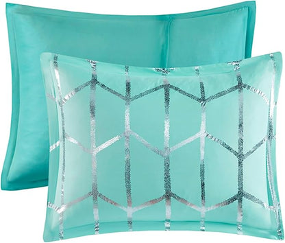 Intelligent Design Raina Twin / Twin XL Comforter Set, Soft Microfiber Comforter Set Twin, Modern Geometric Metallic Bed Set, 4 Pieces College Bedding Comforter Set with 1 Sham, 2 Toss Pillows Aqua