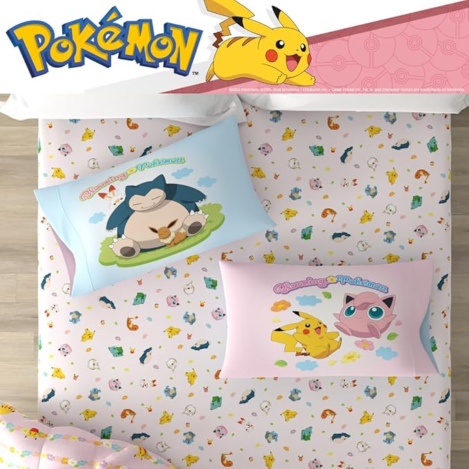 Pokemon Bedding Super Soft Comforter and Sheet Set with Sham, 5 Piece Full Size, Featuring Snorlax, Pikachu, Eevee & Jigglypuff (Officially Licensed Product) by Franco